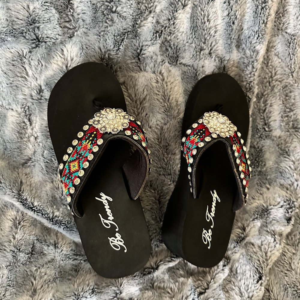 Jeweled Blingy Aztec Pattern Flip Flops